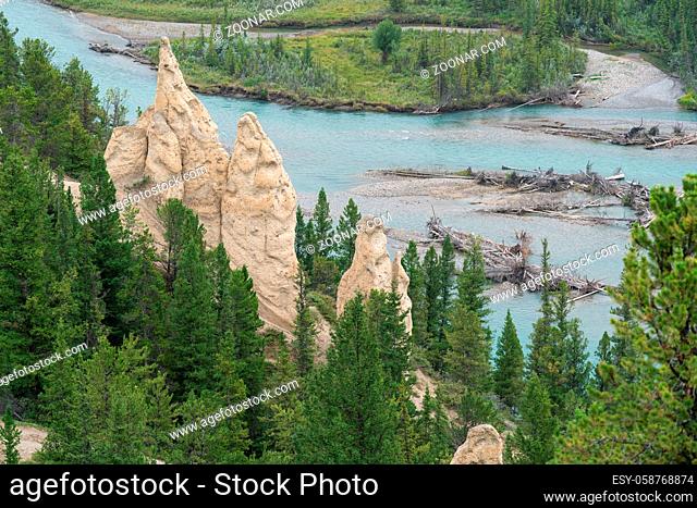 Panoramic image of the Hoodoos close to Banff with the Bow river in the background, Banff National Park, Alberta, Canada