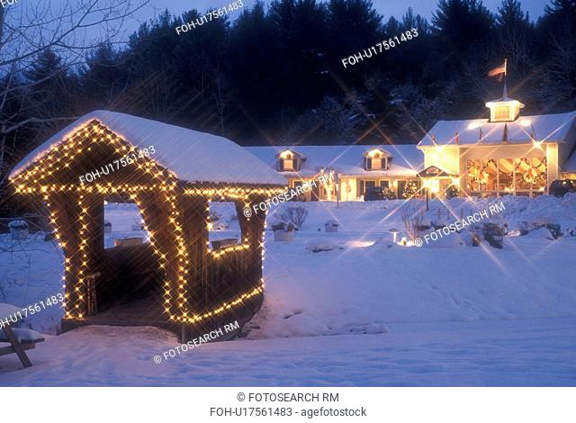 resort, inn, Stowe, holiday, ski resort, covered bridge, snow, evening, decorations, Christmas, winter, Vermont, The small covered bridge at The Mountain Road...