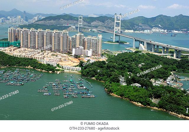 Aerial view overlooking Tsing Ma Bridge and Park Island, Hong Kong