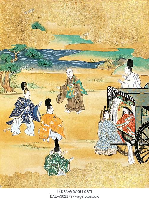 The bride descending from a carriage and being presented to her bridegroom, painter from the Tosa school, from a traditional literature novel, Japan