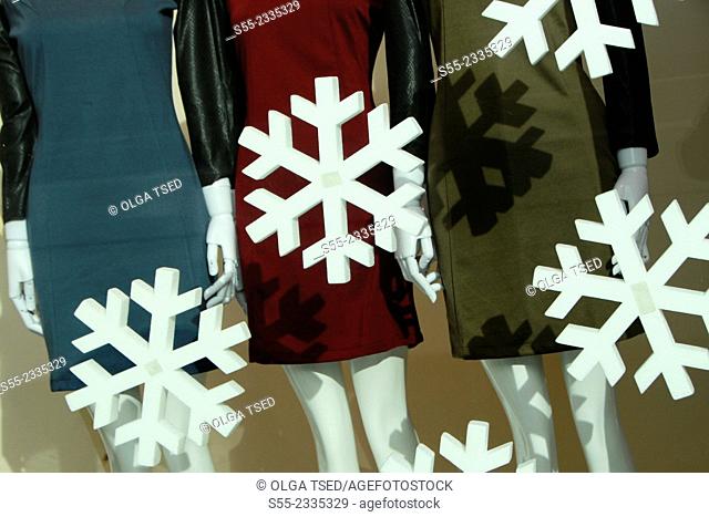 Mannequins and snowflakes. Barcelona, Catalonia, Spain