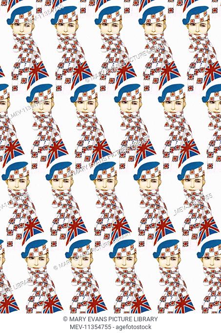 Repeating Pattern - Girl in Union Jack Flag (in white). *PLEASE NOTE that the magnifying glass is solely to show the detail of the repeating pattern and will...