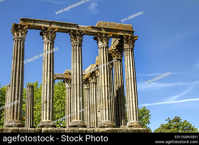 View of the famous Temple of Diana monument, located in Evora, Portugal