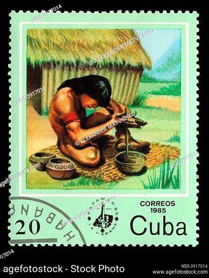 Cuba - CIRCA 1985: Cuban stamp dedicated to American Indians. Postage stamp about the indigenous people of Latin America. Indians depicted on stamps