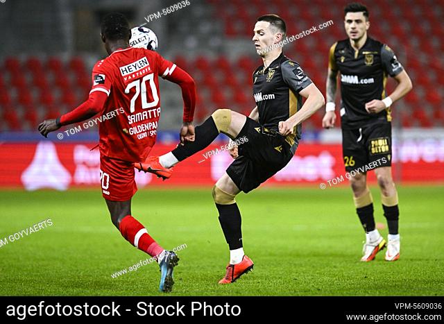 Antwerp's Ally Samatta Mbwana and STVV's Dimitri Lavalee fight for the ball during a soccer match between Royal Antwerp FC RAFC and Sint-Truidense VV