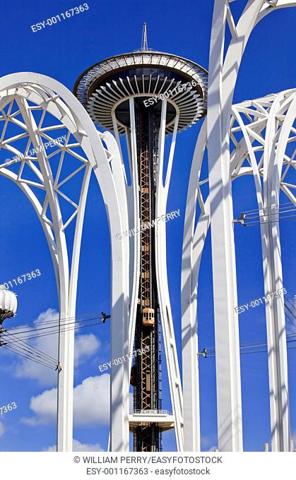 Space Needle Steel Arches Clouds Pacific Science Center Seattle Washington Central structure for the 1962 Worlds Fair