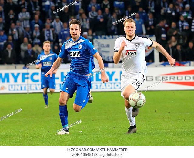 Christian Beck (1.FC Magdeburg li.) und Sebastian Mai (Preußen Münster re.) bei 3. Liga Saison 2016/2017 Punktspiel 1.FCM gegen SC Preußen Münster