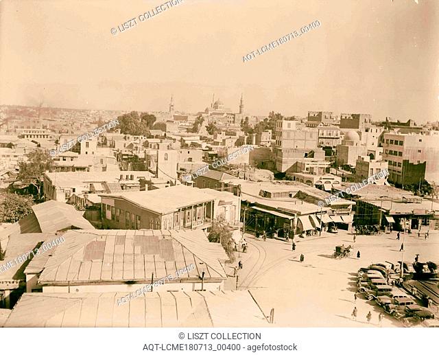 Damascus, Panorama in 2 sections of Damascus from Ommayade Hotel. Meidan Square in foreground. 1940, Syria, Damascus