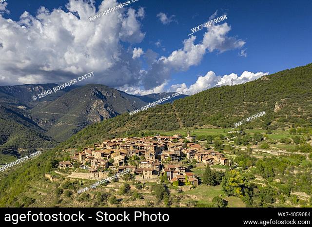 Aerial view of the village of Arsèguel on a summer afternoon (Alt Urgell, Lleida, Catalonia, Spain, Pyrenees)