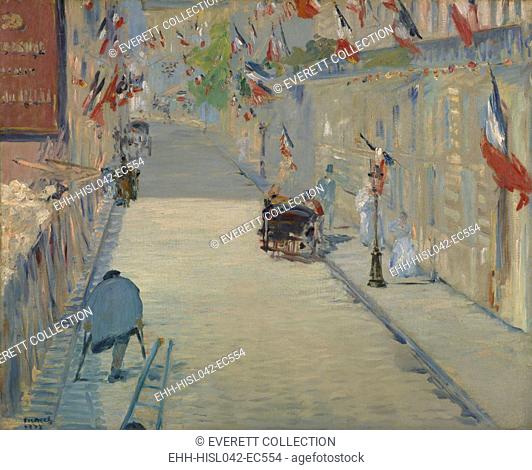 The Rue Mosnier with Flag, by Edouard Manet, 1878, French painting, oil on canvas. On a French government holiday, 'Celebration of Peace'