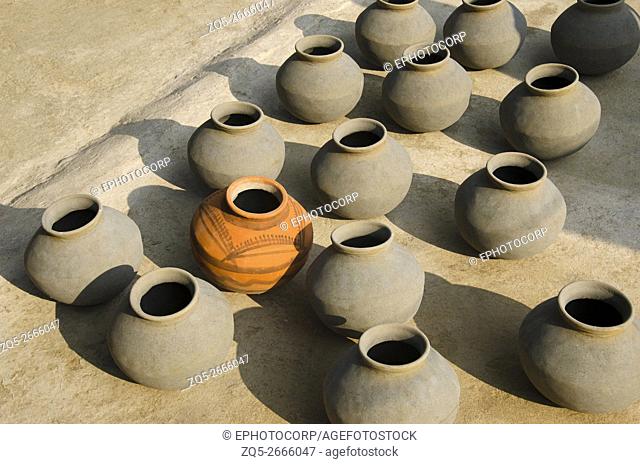 Earthen pots, Near South - Eastern group of temples of Hindu and Jain temples, Khajuraho, Madhya Pradesh, India