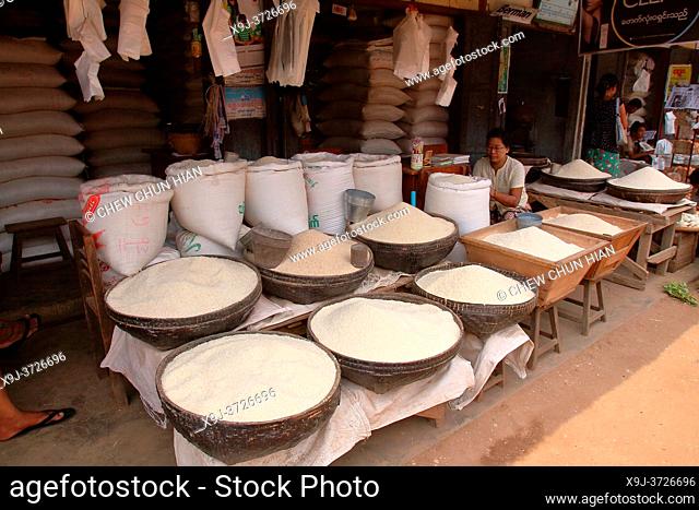 Rice shop in a market in Yangon, Myanmar