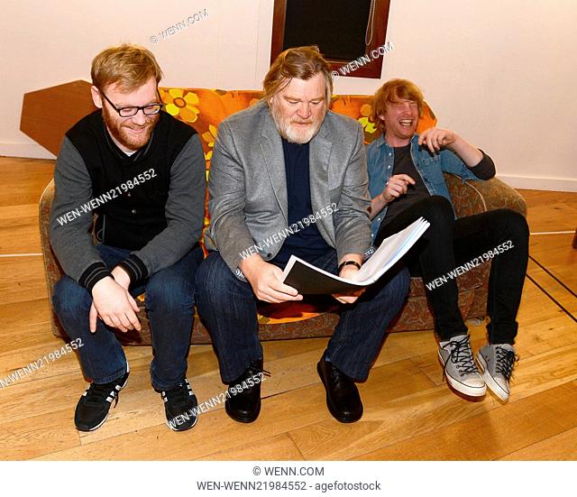 Actor family Brian Gleeson, Brendan Gleeson, and Domhnall Gleeson rehearsal for the stage play 'The Walworth Farce' at the Clasac The rehearsal room