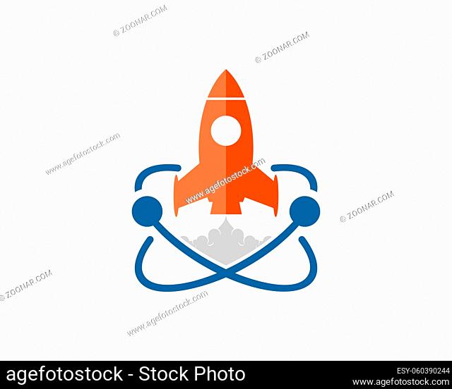 Atom symbol with orange rocket launch