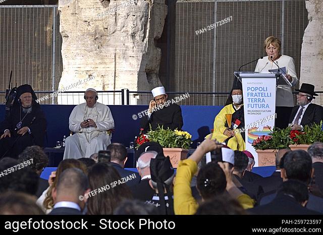 ROME, ITALY - OCTOBER 07: German Chancellor Angela Merkel attend an International Meeting for Peace with leaders of various religions and confessions at Rome's...