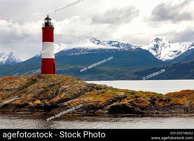 Les Eclaireurs Lighthouse on a small island in the Beagle Channel near the city of Ushuaia in Tierra del Fuego, Argentina, South America