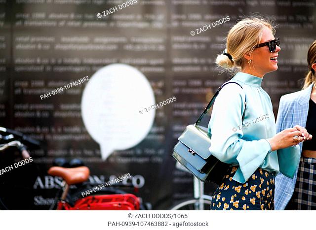 A chic showgoer attending the Blanche runway show during Copenhagen Fashion Week - Aug 7, 2018 - Photo: Runway Manhattan ***For Editorial Use Only*** |...