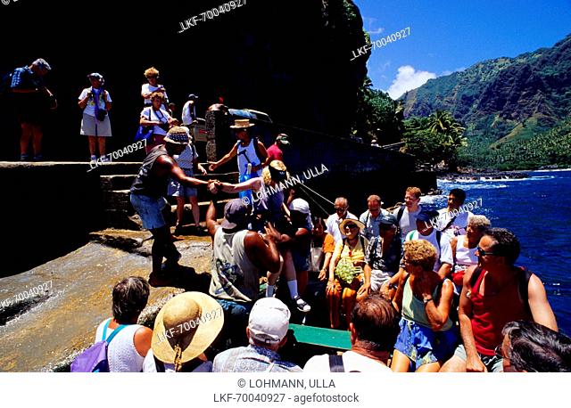 Tourists, Leave Boat, Omoa, Fatu Hiva, Marquesas French Polynesia, South Pacific
