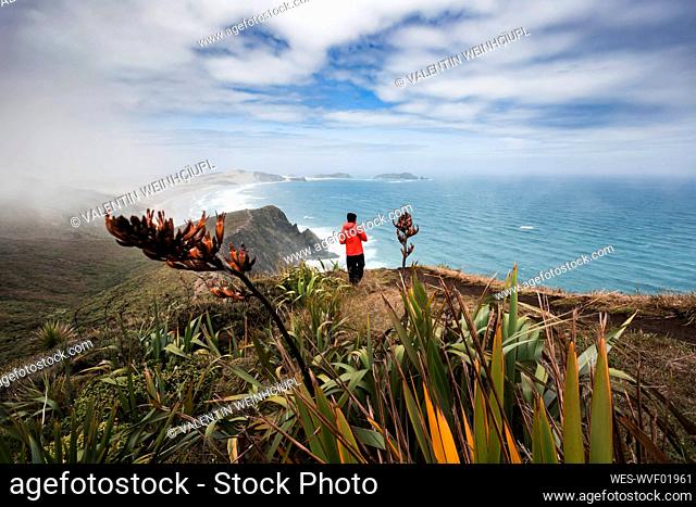 Lone man admiring view of Pacific Ocean from edge of coastal cliff at Cape¶ÿReinga