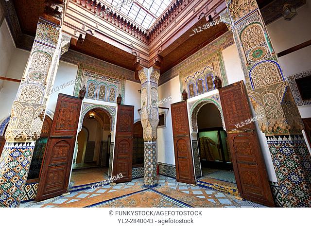 Arabesque Moorish plasterwork and zellij mosaics of the Dar Jamai Museum a typical dwellings of high Moroccan bourgeoisie at the end of XIX century