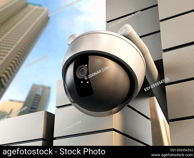 Dome camera hanging on the wall of office building
