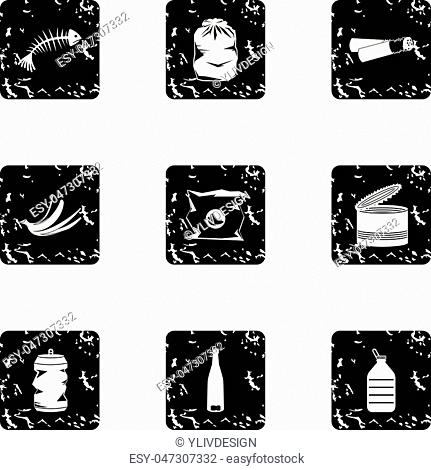 Garbage icons set. Grunge illustration of 9 garbage vector icons for web