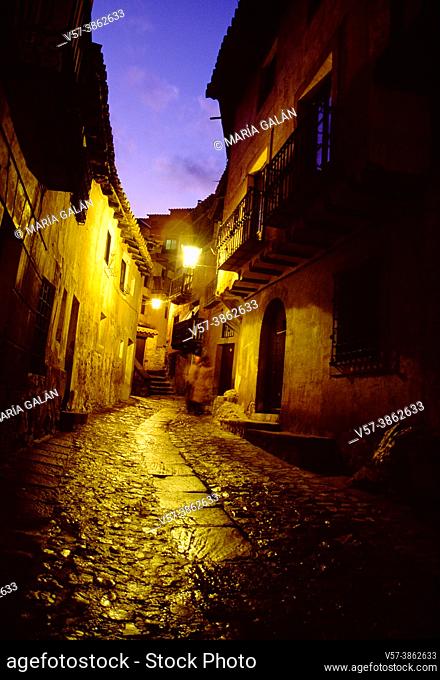Street, night view. Albarracin, Teruel province, Aragon, Spain
