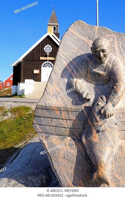 Memorial stone and Zions church, Illulissat, Disko Bay, West coast, Greenland / Jakobshavn