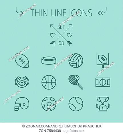Sports thin line icon set for web and mobile. Set includes- volleyball, basketball, hockey puck, tennis, soccer, football, trophy, helmet icons
