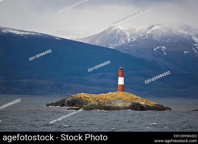 Lighthouse Les Eclaireurs on an islet in the Beagle Channel, near Ushuaia in the Tierra del Fuego