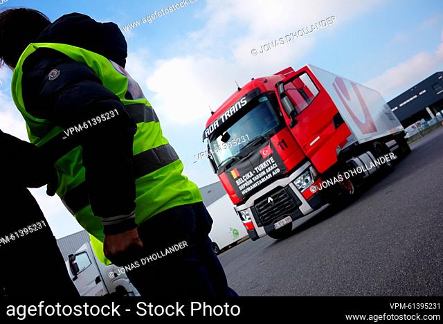 Two Bpost trucks carrying a collection of emergency goods depart to Turkey on Friday 03 March 2023, from Wondelgem, Gent