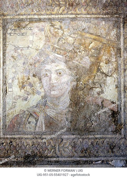 Mosaic once thought to be a personification of the city of Alexandria, with symbols of naval victory, but now considered a portrait of Queen Berenike II