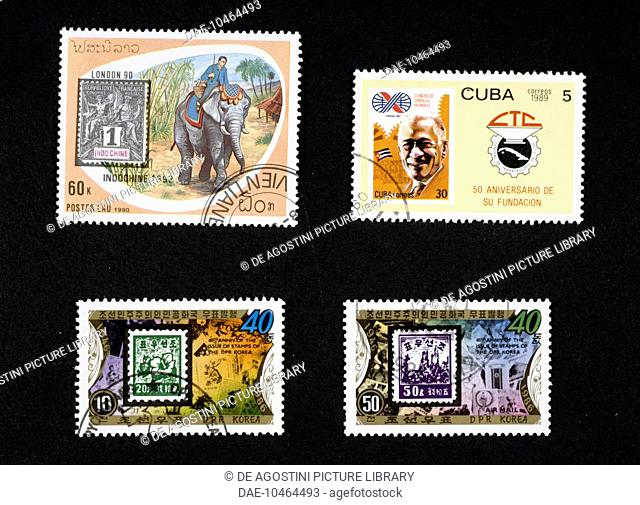 From left to right, top to bottom: postage stamp depicting an elephant and an English Penny Black, 1990, Laos; postage stamp honouring Cuban trade unions;...