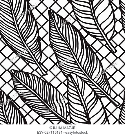Simple seamless tropical jungle floral pattern background with handdrawing doodle leaves, grid striped texture. Universal summer patterrn for your clothers