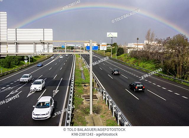 arcoiris sobre la via de cintura, Palma, Majorca, Balearic Islands, Spain
