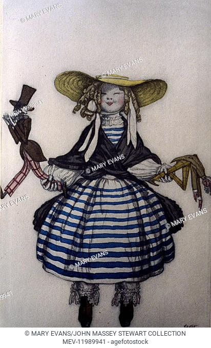 Costume design by Bakst for the ballet La Boutique Fantasque (The Magic Toyshop), with music by Massine, a little girl holding two dolls
