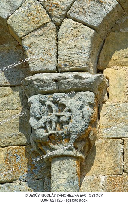 Detail of decorative motif of San Pedro collegiate, in Cervatos village, Campoo de Enmedio, considered as one of the most important romanesque churches of...