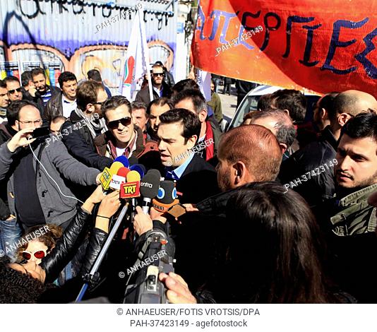Alexis Tsipras of the Coalition of the Radical Left - Unitary Social Front (SYRIZA) talks to the media during a general strike in Athens, Greece