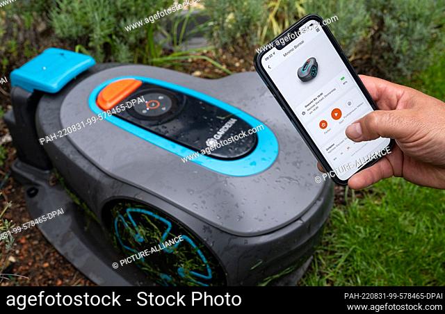 31 August 2022, Baden-Wuerttemberg, Ulm: A Gardena robotic mower is controlled in its base station with an app on a smartphone