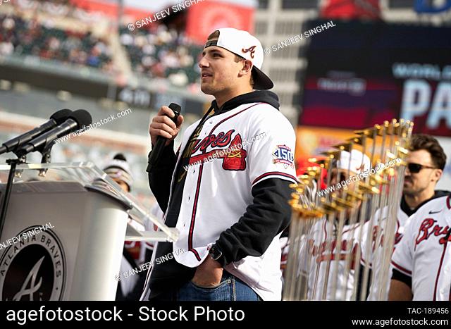 Third Baseman Austin Riley addresses fans at a ceremony after a parade to celebrate the World Series Championship for the Atlanta Braves at Truist Park in...