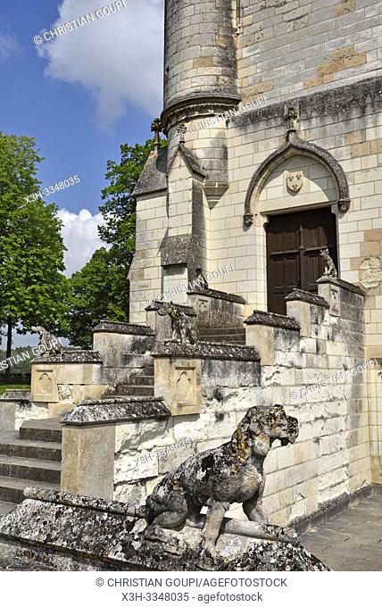 dog sculptures adorning the entrance staircase of the Royal House within the Cite Royale of Loches in Touraine, department of Indre-et-Loire