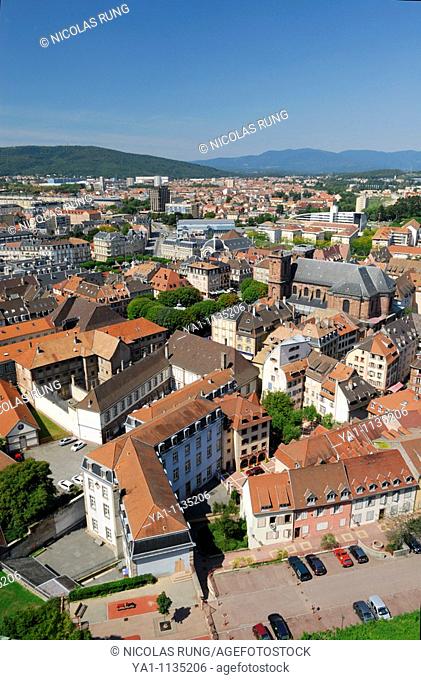 Overview of old town, viewed from citadel, the white building is the Town hall  Belfort city, Belfort territory, Franche Comte region, Europe