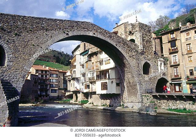 Pont Nou (12th century) and Ter River. Camprodon. Ripolles. Girona province. Catalonia. Spain