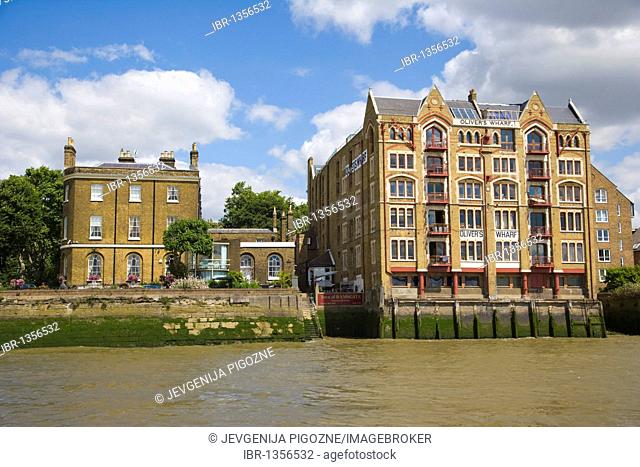 Oliver's Wharf, Wapping High Street, view from river Thames, Tower Hamlets, Docklands, London, England, United Kingdom, Europe