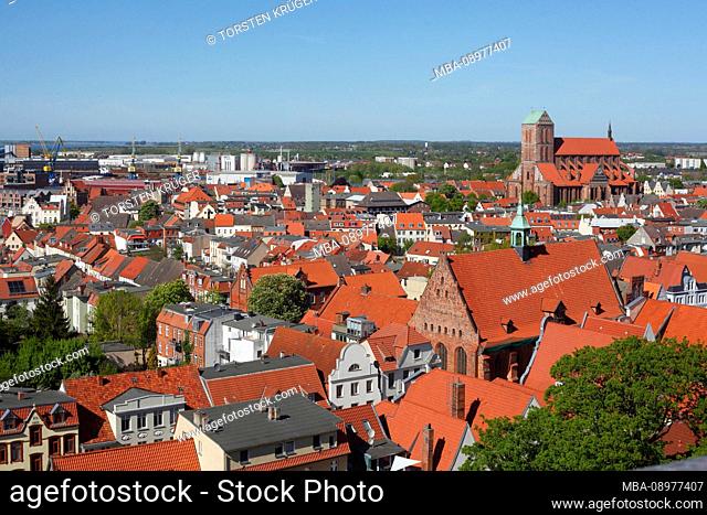View of old town and Nikolai Church from the tower of the Georgenkirche, Wismar, Mecklenburg-Vorpommern, Germany, Europe