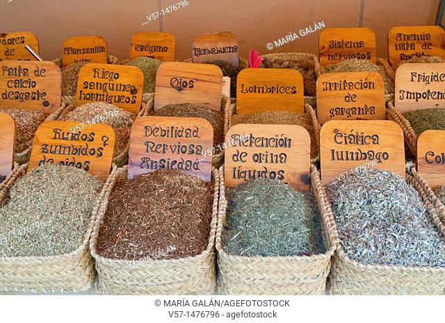 Assorted medicinal herbs, medieval flea market. Medieval Days, Sigüenza, Guadalajara province, Castilla La Mancha, Spain