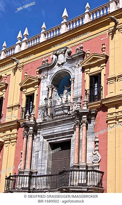 Bishop's palace, 18th century, on the upper part of the facade a statue of the Virgen de las Angustias sits in a wall niche, Palacio Episcopal edifice, Malaga