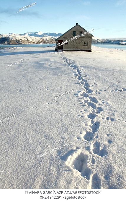 Loneliness house in Kvaloyvagen, near Tromso, Norway
