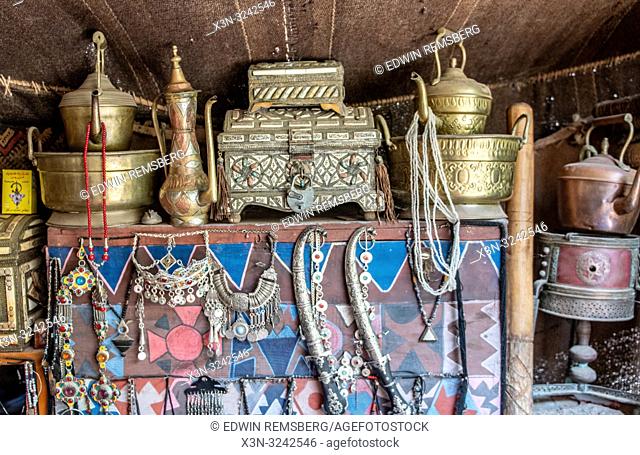 Collection of traditional Berber jewelry, jewelry boxes, knives and teapots, Tighmert Oasis, Morocco