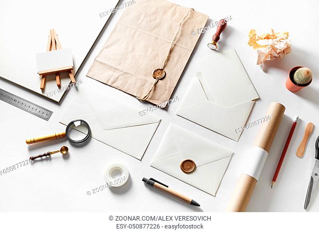 Hand made objects for placing your design. Blank art and craft stationery template on white paper background. Responsive design mockup